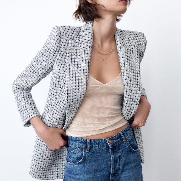 SOLD RARE BLOGGERS FAV Zara textured double breasted blazer blue silver tweed… - Picture 6 of 7
